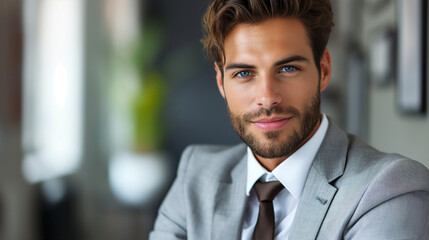 Fototapeta premium Confident businessman in gray suit with beard smiling at camera