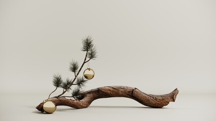 Christmas Tree branch - podium for cosmetic products. Aesthetic showcase, minimalism, 3D rendering.