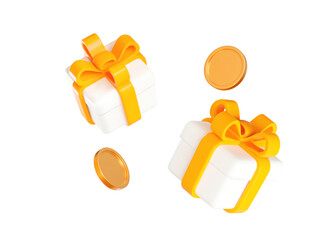 3d white gift box with yellow ribbon and flying gold coins. Stock vector illustration on isolated background.