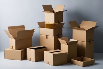 Fototapeta premium Cardboard Box and Packaging Parcel Arrangement from Different Angles with Open and Closed Designs
