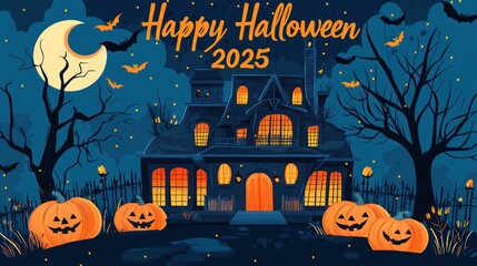 Flat Vector Illustration of Halloween Background with Haunted House, Pumpkin and Scary Tree. Graveyard Scene for Halloween Lantern Festival Vector Graphic Design. Scary Halloween Night Banner Template