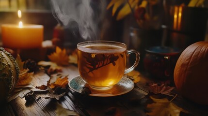 Shot of a steaming mug of herbal tea