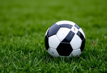 Obraz premium Soccer ball resting on a green grass field.