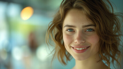 Obraz premium Smiling young woman with curly hair in a bright indoor setting