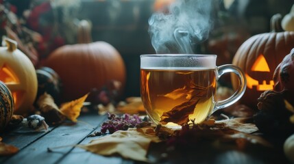 Shot of a steaming mug of herbal tea