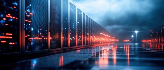 Fototapeta premium Futuristic data center with glowing servers bathed in blue and red light, creating a mysterious and technology-driven atmosphere.