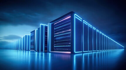 Futuristic data center with glowing servers representing advanced technology and digital innovation in a sleek environment.