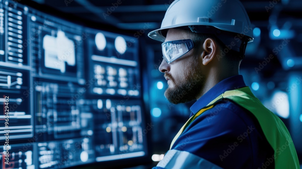 Poster focused engineer using advanced technology in a control room, ensuring safety and efficiency in a mo