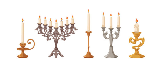 Vintage candelabra, candleholders, candlesticks set. Elegant retro old style candle holders, candelabrum, festive light decorations. Flat cartoon vector illustration isolated on white background