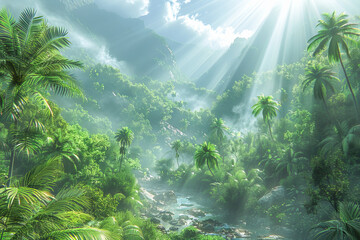 Sunbeams illuminating lush tropical rainforest river valley