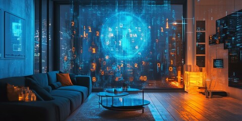 Modern apartment with blue and orange lighting.