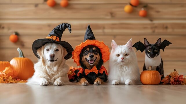 Group of pets in Halloween costumes, including a dog in a bat costume and a cat in a witch's hat, surrounded by festive holiday decorations