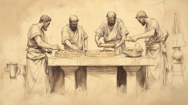 Biblical Illustration of Numbers: Levites Preparing the Showbread for Placement on the Altar, Captured on a Beige Background, Emphasizing Service and Tradition