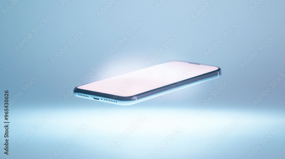 Poster a floating smartphone with a white screen against a light blue background