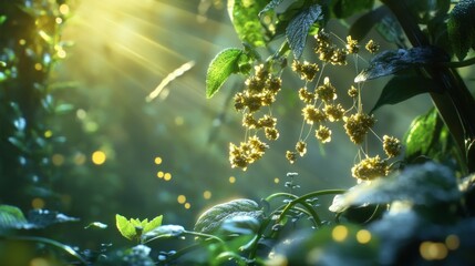 Sunlit Dewy Flowers and Leaves in a Lush Forest