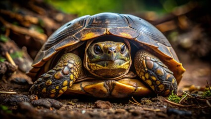 A turtle's front shell cracks open, revealing a tender, vulnerable interior, as it slowly emerges from the dark, damp recesses of a forest floor