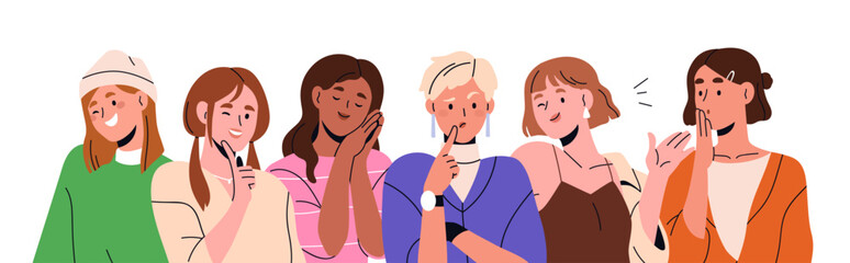 Women group, expressing different emotions, moods. Happy, surprised, smiling, puzzled face expressions. Young females, girls, diverse reactions. Flat vector illustration isolated on white background