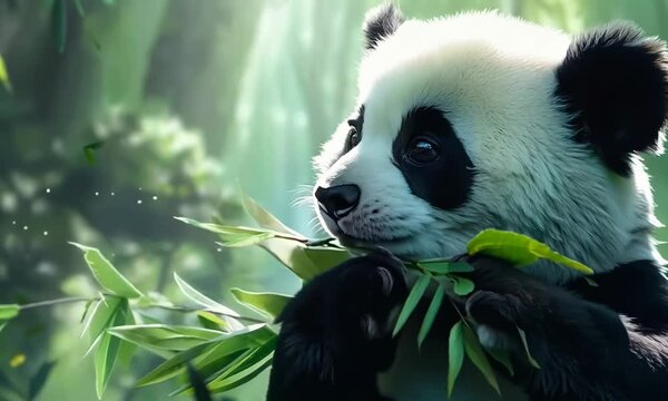 A pixel art rendition of an adorable panda bear munching on bamboo, its black and white fur contrasting with the green leaves. Video