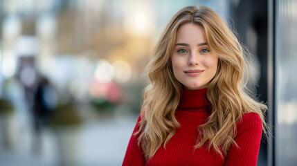 Smiling young woman in a red sweater standing outdoors in the city
