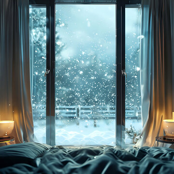 Interior of a Bedroom, Snow Falling view from window, Blessing Morning, 
