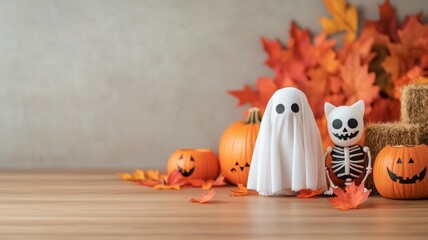 Fototapeta premium Cat dressed as a ghost and a dog as a skeleton, sitting among seasonal decorations like carved pumpkins, autumn leaves, and hay bales