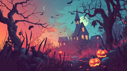 Flat Vector Illustration of Halloween Background with Haunted House, Pumpkin and Scary Tree. Graveyard Scene for Halloween Lantern Festival Vector Graphic Design. Scary Halloween Night Banner Template