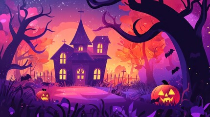 Flat Vector Illustration of Halloween Background with Haunted House, Pumpkin and Scary Tree. Graveyard Scene for Halloween Lantern Festival Vector Graphic Design. Scary Halloween Night Banner Template