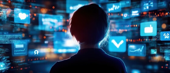 A person engages with modern technology, surrounded by digital icons and data visualization in a futuristic setting.