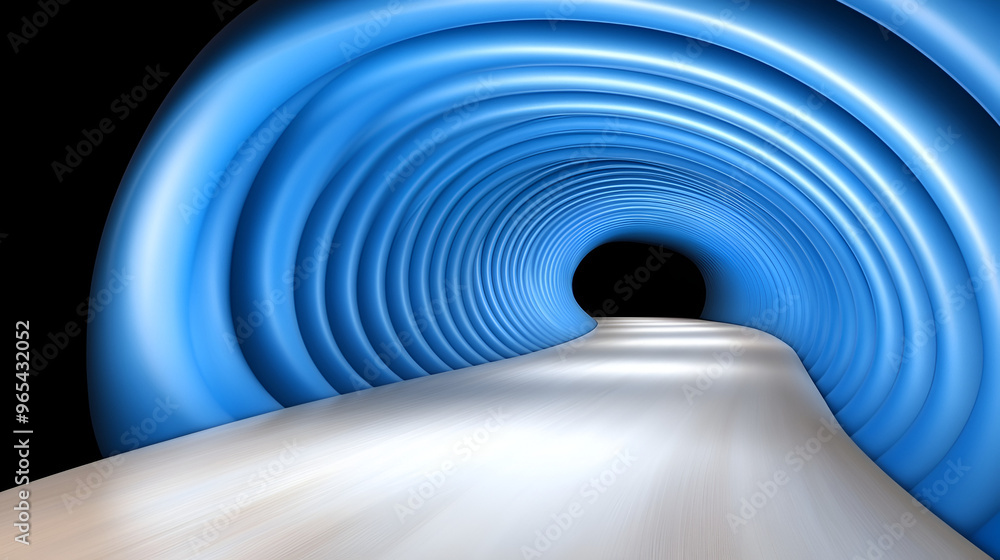 Poster a mesmerizing blue tunnel with a smooth path illuminated by soft light leading into darkness at the 