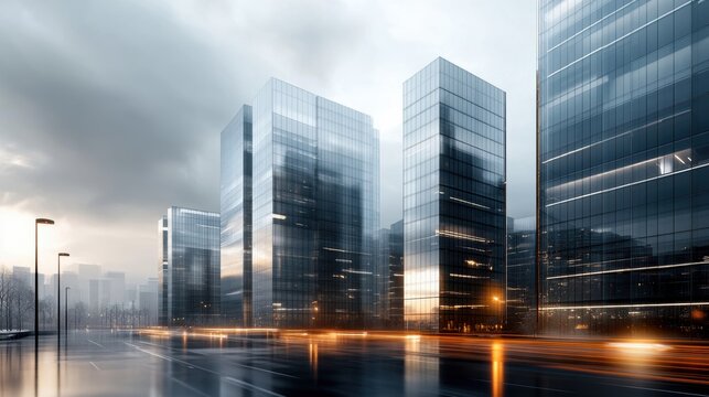 A modern cityscape showcasing sleek glass buildings under moody skies, embodying urban elegance and contemporary architecture.