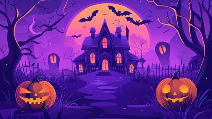 Fototapeta premium Flat Vector Illustration of Halloween Background with Haunted House, Pumpkin and Scary Tree. Graveyard Scene for Halloween Lantern Festival Vector Graphic Design. Scary Halloween Night Banner Template
