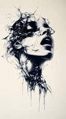 Fototapeta premium Abstract Ink Drawing of a Woman's Face with Dripping Ink
