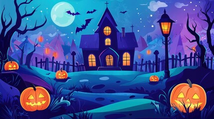 Fototapeta premium Flat Vector Illustration of Halloween Background with Haunted House, Pumpkin and Scary Tree. Graveyard Scene for Halloween Lantern Festival Vector Graphic Design. Scary Halloween Night Banner Template