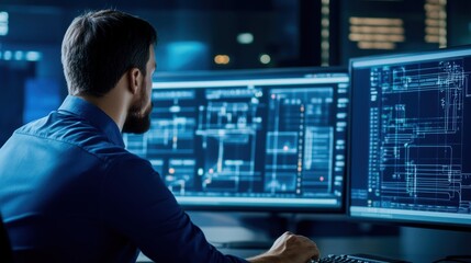 A focused professional analyzes complex data on multiple screens in a modern office environment at night.