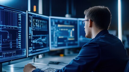 A focused individual working on multiple computer screens, analyzing data and coding in a modern technological environment.