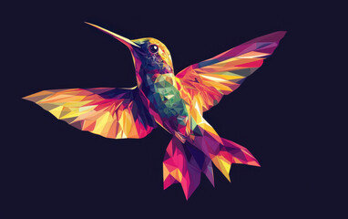 Obraz premium Colorful geometric illustration of a hummingbird in flight against a dark background, showcasing vibrant and intricate polygonal designs.
