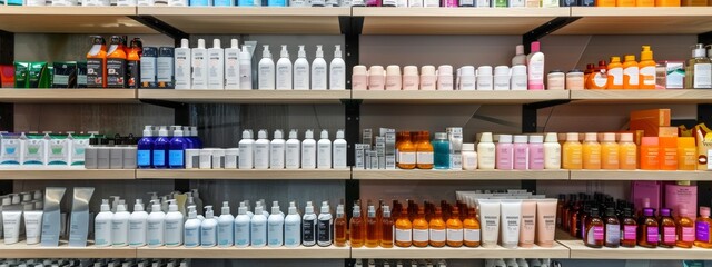 Colorful bottles of skincare products neatly organized on store shelves