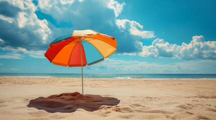 Fototapeta premium Colorful beach umbrella casting shade on a sunny sandy beach