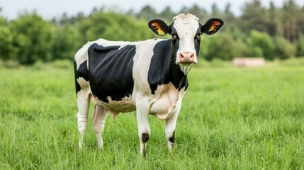 A black and white cow standing gracefully in a green pasture under a bright sky, embodying rural charm and peaceful scenery.