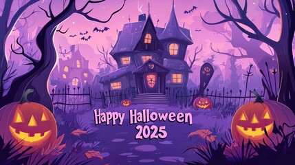 Fototapeta premium Flat Vector Illustration of Halloween Background with Haunted House, Pumpkin and Scary Tree. Graveyard Scene for Halloween Lantern Festival Vector Graphic Design. Scary Halloween Night Banner Template