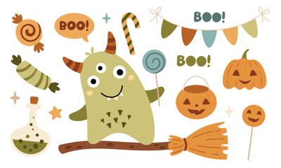 Halloween clipart. Cute kids Halloween doodle. Spooky season. Hand drawn vector illustration.