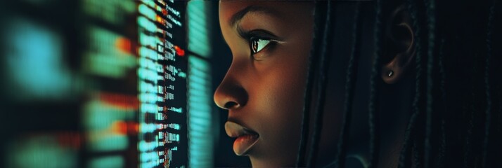 Young African American IT Professional Analyzes Complex Visual Data on Futuristic Interface at Night