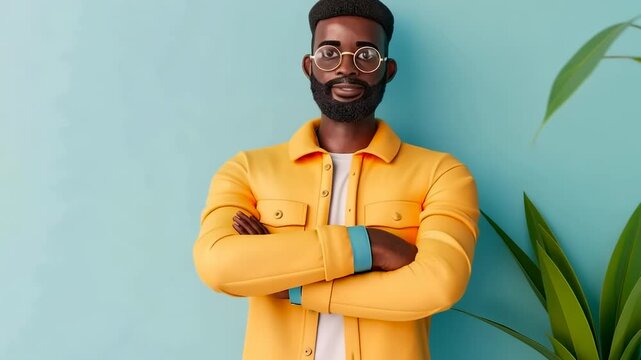 A confident man stands against a bright blue wall, wearing an yellow jacket, with his arms crossed
