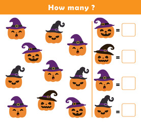 Counting educational children game. Math kids activity sheet. How many counting game with cute halloween pumpkin illustration.