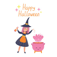 Happy Halloween cute poster with a little witch. Hand drawn calligraphy and cute halloween elements. Vector illustration in flat style