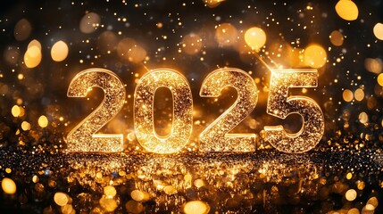 Sparkling golden 2025 numbers illuminated amidst a festive background
