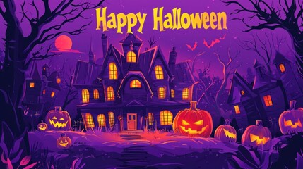 Flat Vector Illustration of Halloween Background with Haunted House, Pumpkin and Scary Tree. Graveyard Scene for Halloween Lantern Festival Vector Graphic Design. Scary Halloween Night Banner Template