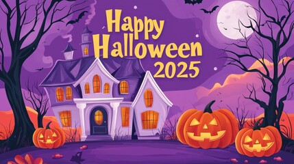 Flat Vector Illustration of Halloween Background with Haunted House, Pumpkin and Scary Tree. Graveyard Scene for Halloween Lantern Festival Vector Graphic Design. Scary Halloween Night Banner Template