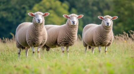 Naklejka premium Suffolk sheeps living in sheep farm. Suffolks are prolific, early maturing sheep with excellent mutton carcasses.