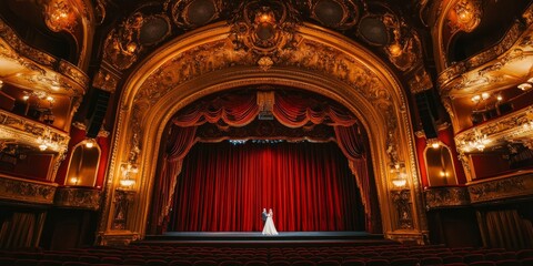 Fototapeta premium Ornate theater with red curtains and couple on stage.